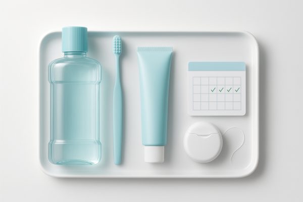 Organized flat lay: alcohol free mouthwash, toothbrush, toothpaste, floss, and daily calendar.