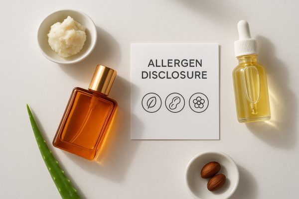 Amber perfume oil, allergen card, shea butter, jojoba oil, and aloe leaf laid out on a clean surface.