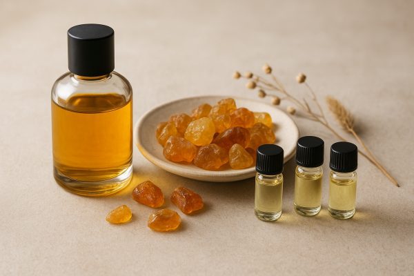 Amber perfume oil with resin stones and blending oils arranged on a ceramic dish with dried botanicals.