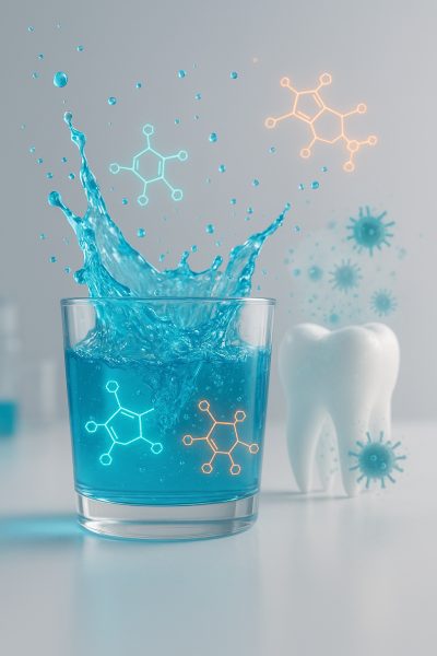 Dynamic splash of blue antibacterial mouthwash in a glass surrounded by luminous molecular structures and dissolving bacteria, with a model tooth in the background.