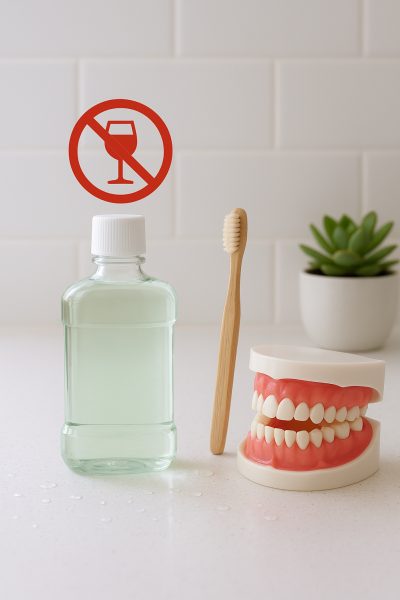 Alcohol-free antibacterial mouthwash with a bamboo toothbrush and dental model on a fresh bathroom vanity.