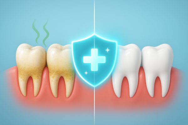 Split-view 3D cross-section showing plaque and odor before, and clean teeth after, antibacterial mouthwash with animated antimicrobial shields.