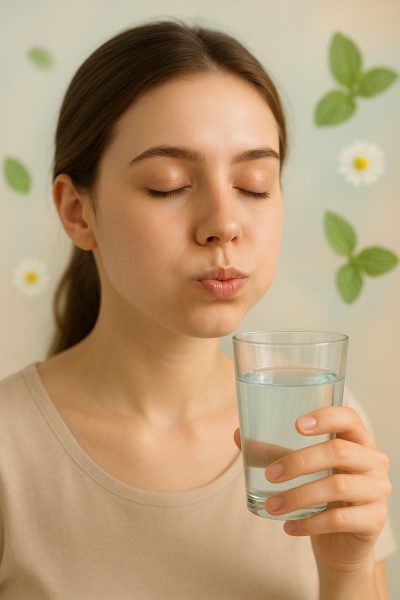 Serene close-up of a young adult with closed eyes swishing alcohol-free mouthwash, mint and chamomile in pastel blur background.