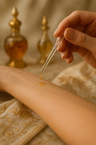 Hand applying a drop of attar oil to wrist with a crystal applicator, silk scarf and perfume bottles softly blurred behind.