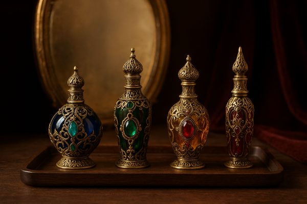 Intricately crafted Arabic perfume bottles with filigree and gemstones, on a walnut tray before a glowing antique mirror.