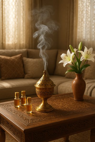 Gold bakhoor burner with incense oils and lilies on a carved table, sunlight through patterned curtains in an Arabic living room.