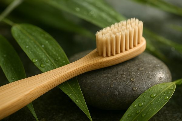Macro photo of a bamboo toothbrush on a river stone with bamboo leaves and soft daylight.