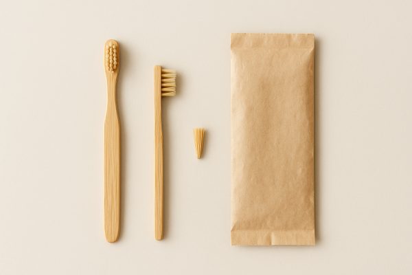 Flat lay of separated bamboo toothbrush parts and compostable packaging on off-white surface.