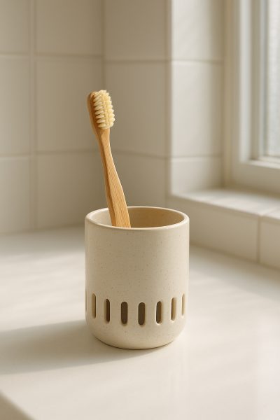 Bamboo toothbrush upright in ventilated ceramic cup on sunlit bathroom counter.