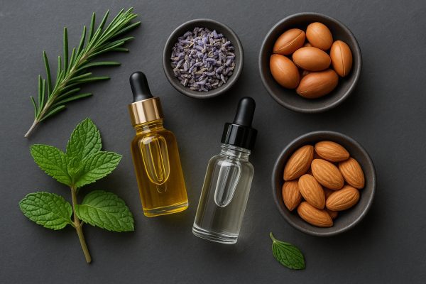 Premium beard oil ingredients, including glass vials, herbs, and seeds, arranged neatly on a slate surface.