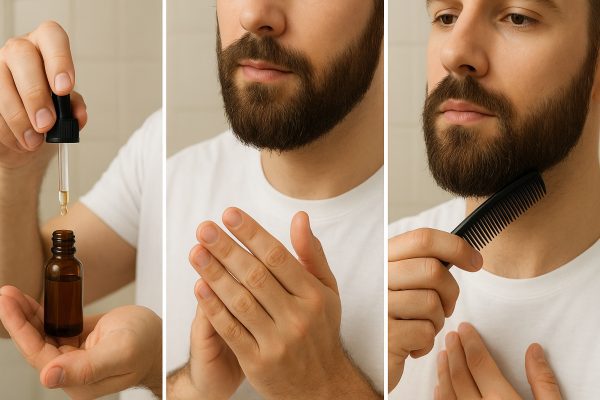 Three images showing beard oil dispensed, hands warming oil, and application to well-groomed beard.