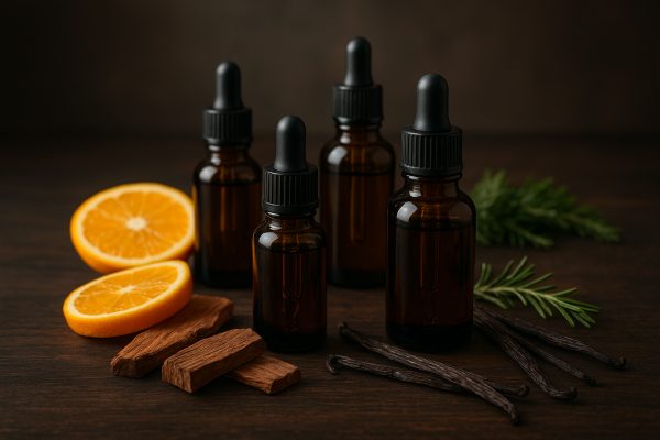 Beard oil bottles with citrus, sandalwood, vanilla, cedar, and herbs, highlighting fragrance options.