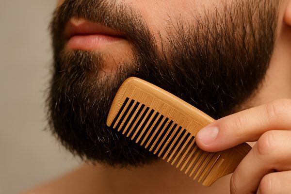 Macro close-up of flake-free, well-moisturized beard and skin with a bamboo comb.
