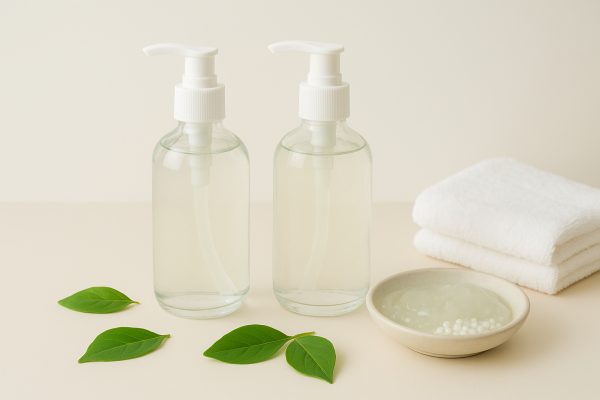 Minimalist arrangement of sulfate-free beard shampoo bottles, aloe vera gel, and green leaves.