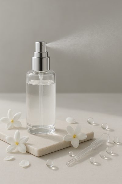 A transparent body mist bottle emitting mist, with jasmine petals, a pipette, and water beads on pale stone.