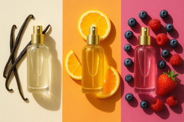 Three body mist bottles surrounded by vanilla beans, citrus slices, and a mix of fresh berries on a blended color background.