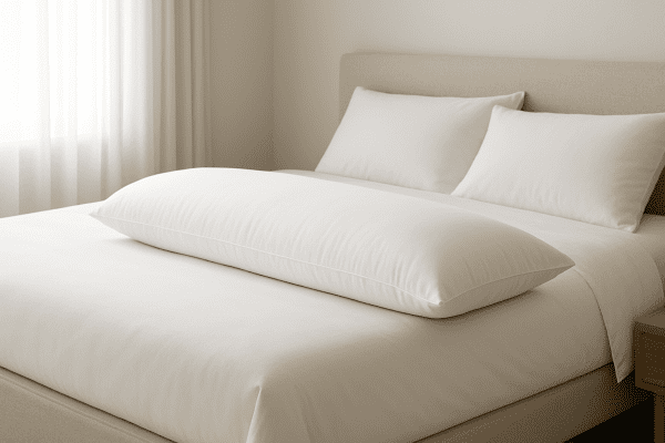 A luxury body pillow with a sateen cotton cover displayed on a modern bed in a softly sunlit room.