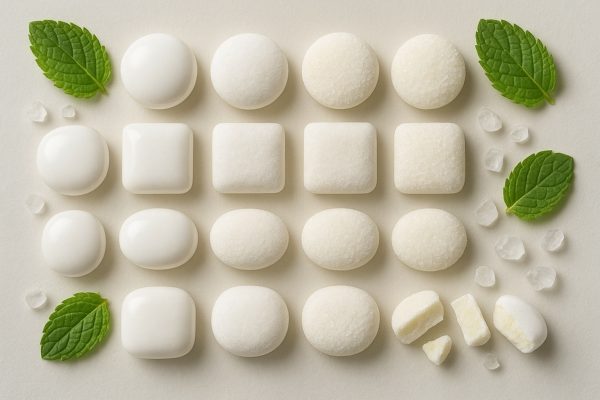 Macro photo of assorted breath mints with different textures, mint leaves, and xylitol crystals on a matte surface.