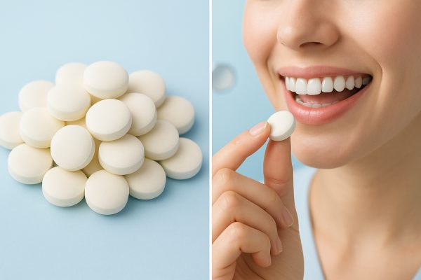 Side-by-side image: sugar-free mints on one side, smiling person about to eat a mint with a dental mirror in the background.