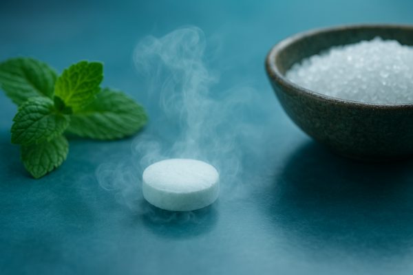 A dissolving breath mint with vapor effect, peppermint leaves, and xylitol on a reflective surface.