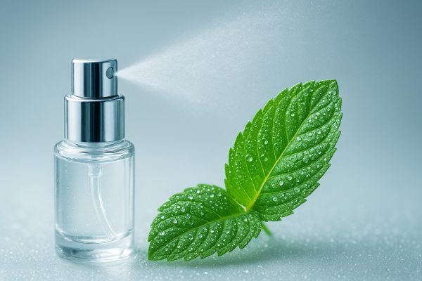 Macro shot of a misting breath spray bottle and a dew-covered mint leaf, highlighting refreshing coolness.