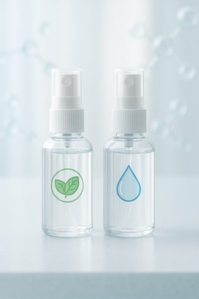 Two breath sprays\u2014one with a green mint icon, one with a blue droplet\u2014on frosted glass with molecular graphics behind.
