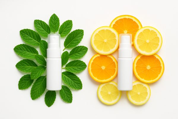 Top-down view of breath sprays, one with fresh mint, one with citrus slices, on a white background.