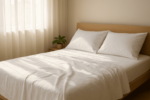Sunlit bedroom with crisp white cotton percale sheets, gently rumpled on the bed for an airy, breathable look.