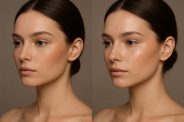 Two models with similar looks, one wearing matte bronzer and one shimmer, clearly showing the differences.