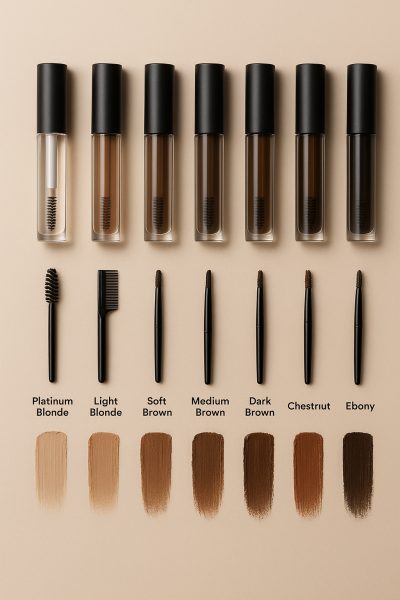 Flat lay of clear and tinted brow gels with an expanded selection of brush types and precise swatches forming a full shade spectrum.