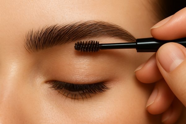 Macro shot of brow gel being applied with a micro-spoolie, emphasizing clean separation and natural shine.