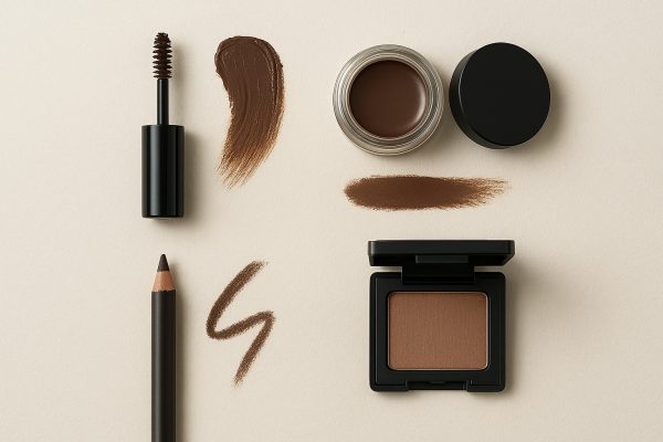 Flat lay of brow gel, pomade, pencil, and powder with applicators and detailed swatches on a pristine white surface.