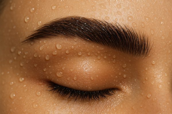Macro of brow with water droplets resting on brow hairs and skin, showing waterproof hold and sheen.