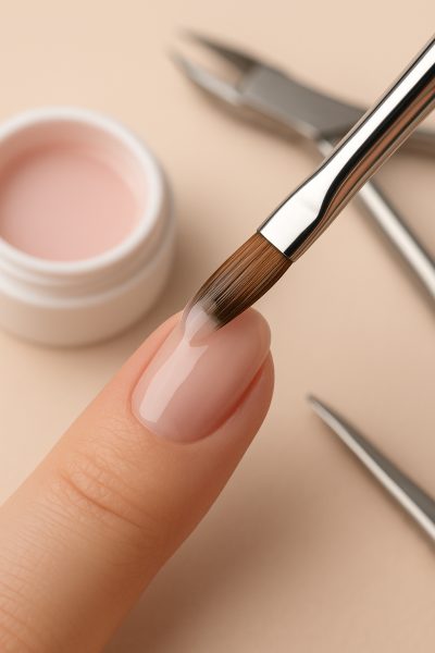 A macro close-up of a nail technician forming the builder gel apex on a client's nail, highlighting structure and shine.