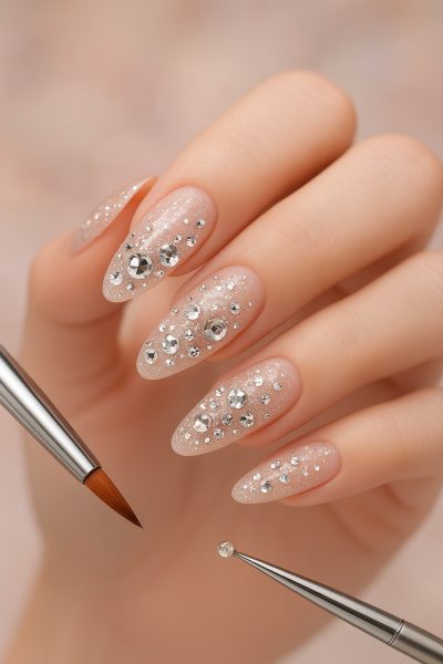 Detailed close-up of builder gel nails with glitter and rhinestone designs, hand elegantly posed.