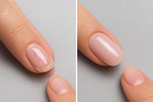 A close-up instructional scene highlighting builder gel application issues on nails, with a technician pointing out lifting and bubbles.