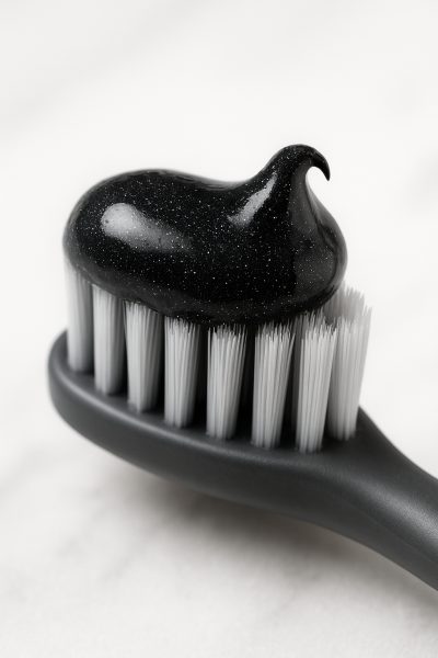 Ultra-macro close-up of a modern toothbrush with a glossy swirl of activated charcoal toothpaste, showing sparkling micro-particles and advanced whitening.