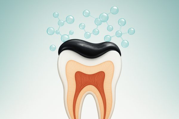 Digital cross-section illustration of a tooth with enamel shielded by charcoal toothpaste and bonded with semi-translucent fluoride molecules.