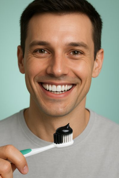 Smiling adult with brilliant teeth holds a toothbrush with black charcoal toothpaste, set against a mint-green background.