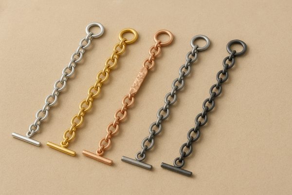 Charm bracelets of various metals and finishes neatly arranged on a sand-colored suede mat.