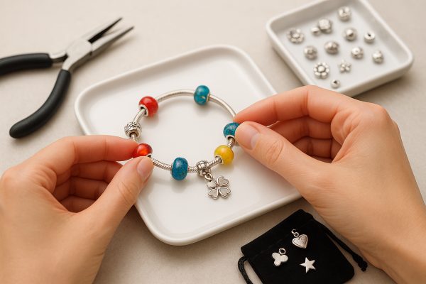 Jewelry maker\u2019s hands assembling a charm bracelet with colorful beads and motif charms over a white tray.