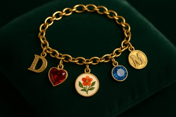 Custom charm bracelet with engraved letters, birthstone crystals, and enamel motifs on emerald velvet.