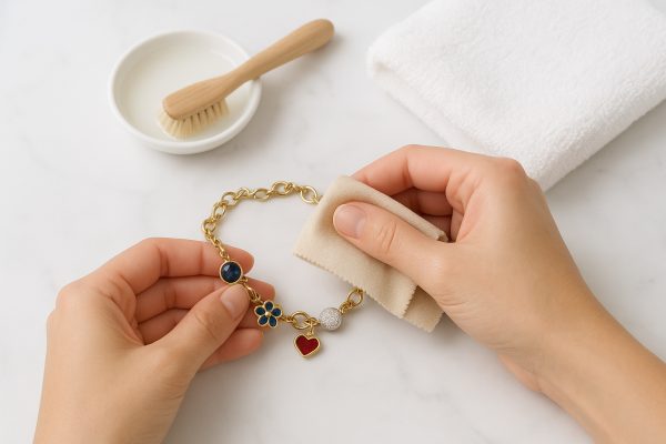 Hands polishing a gemstone and enamel charm bracelet on a marble surface with care tools nearby.