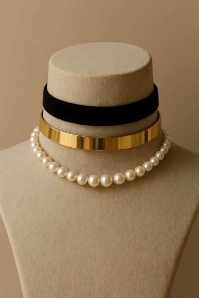 A stone bust elegantly displays a velvet, a gold metal, and a pearl choker, each showing their unique material qualities.