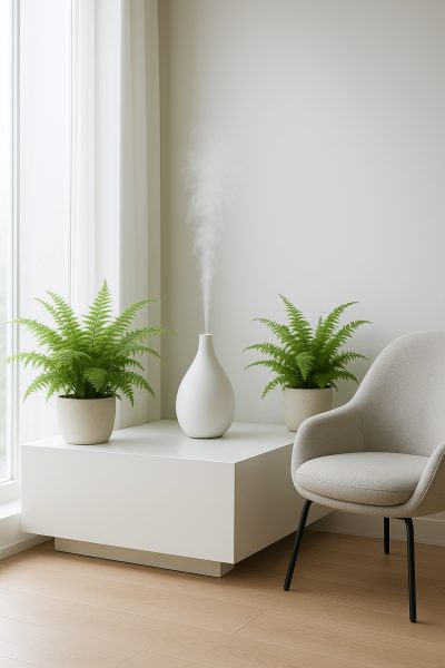 Modern air freshener diffuser emitting mist, surrounded by ferns and a contemporary chair in a sunlit living corner.
