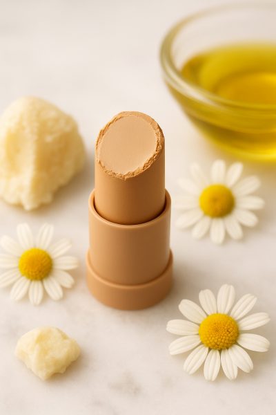 Close-up of creamy contour stick with natural, gentle ingredients on white marble.