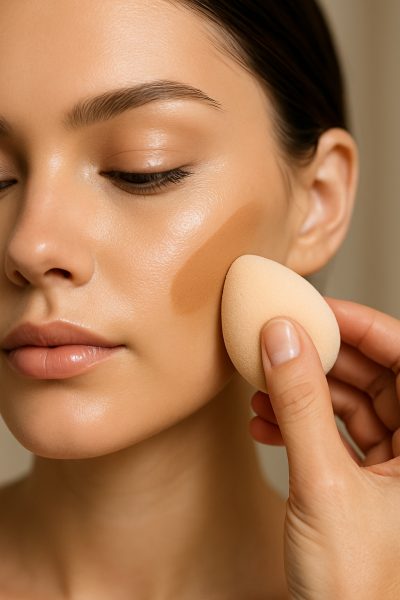 Makeup artist blending creamy contour stick on a model's cheek for a radiant finish.