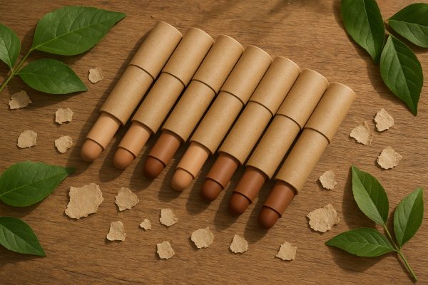 Biodegradable contour stick packaging with green leaves and recycled paper.
