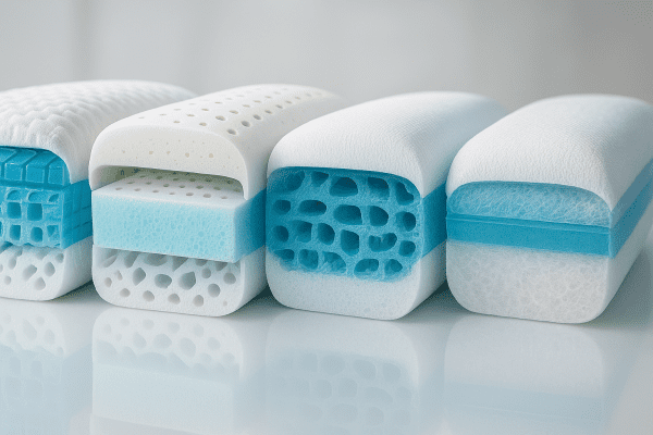 Multiple cross-sectional cooling pillows with gel, latex, and open-cell foam displayed in a modern, organized way.