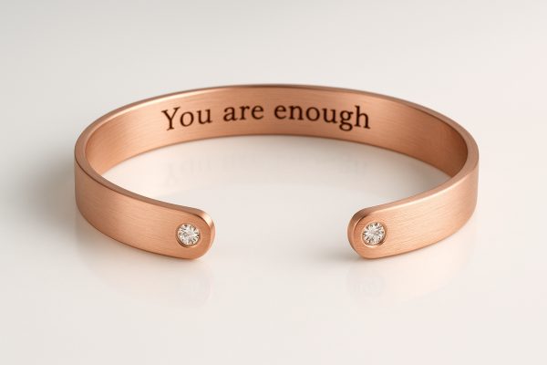 A brushed rose gold cuff bracelet with inner engraving and diamond-set ends, displayed on a white acrylic tabletop.